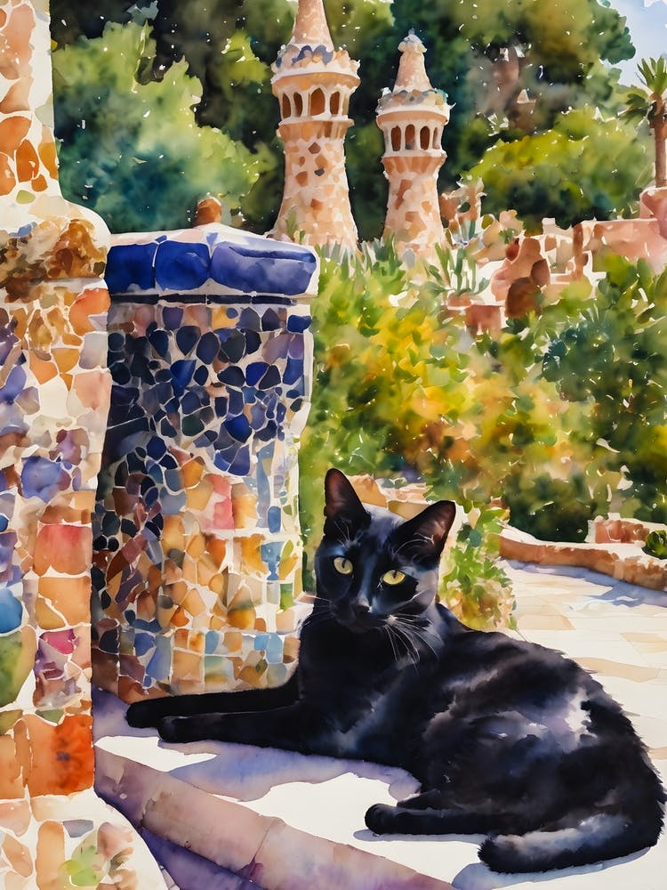 Black Cat at Park Guell Iconic Gaudi Barcelona Artwork - Lounging Cat Traditional Watercolor Kitty Travels Home and Room Wall Art Cool Decor Klimt and Matisse Inspired Modern Awesome Cool Unique Pagan Witchy Witches Familiar Gift For Cat Lady Animal Lover