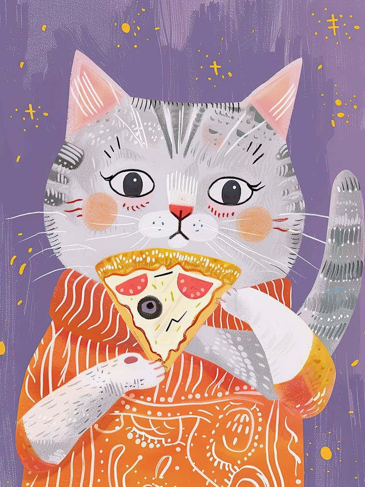 Grey Cat Eating A Pizza Slice Folk Illustration 2