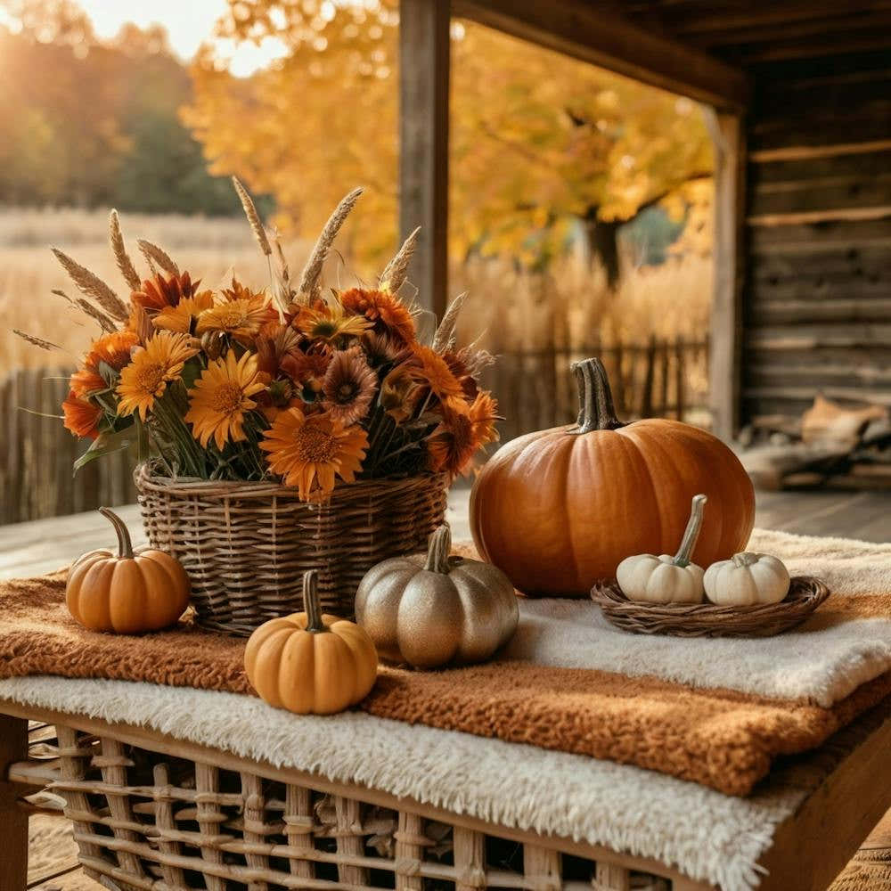 Autumn Flowers And Pumpkins