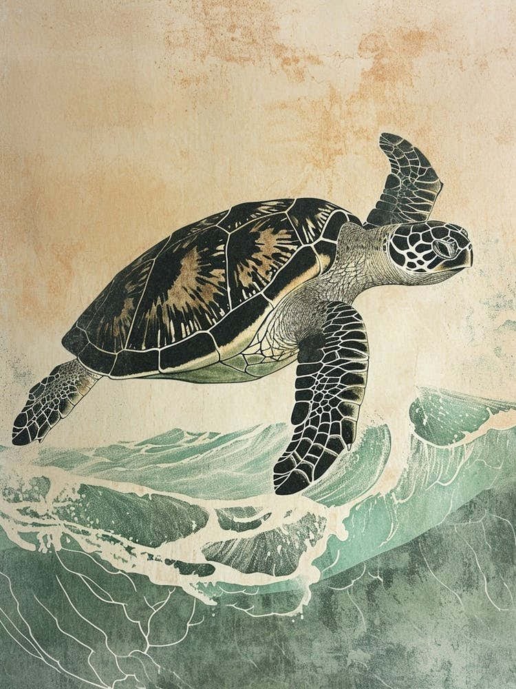 Sea Turtle & The Waves Vintage Illustration 2