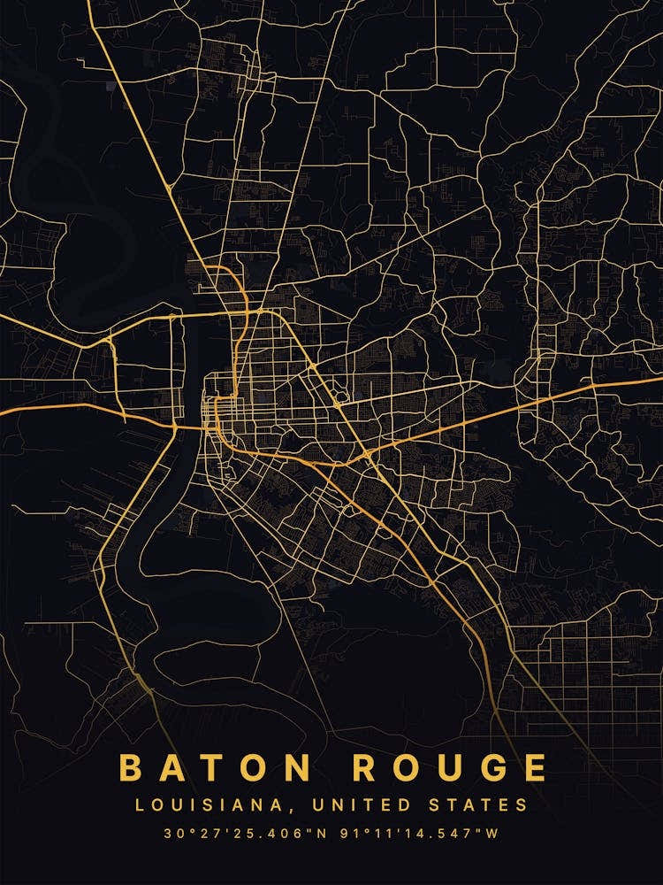 Baton Rouge Louisiana USA Black And Gold Map