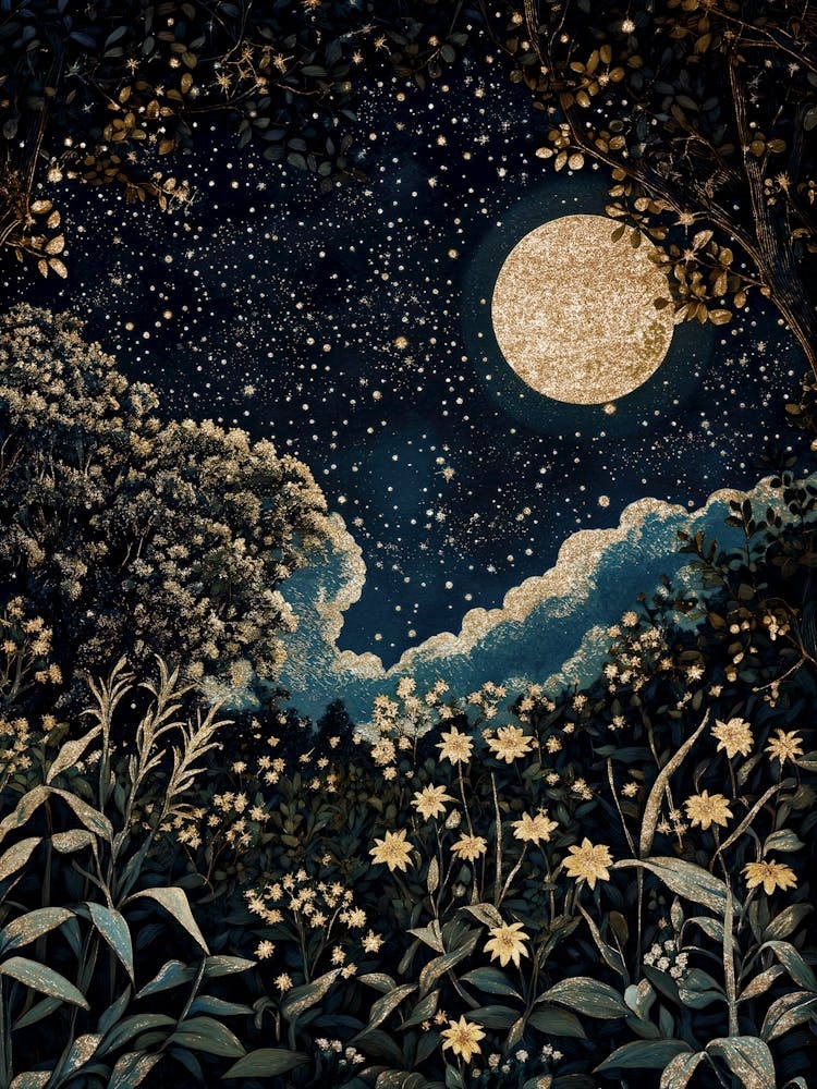 Moon and stars garden landscape in dark blues and golds in a romantic surrealism aesthetic, fantasy nature art perfect for eclectic bedrooms, dark cottagecore reading nooks, or dark academia living rooms