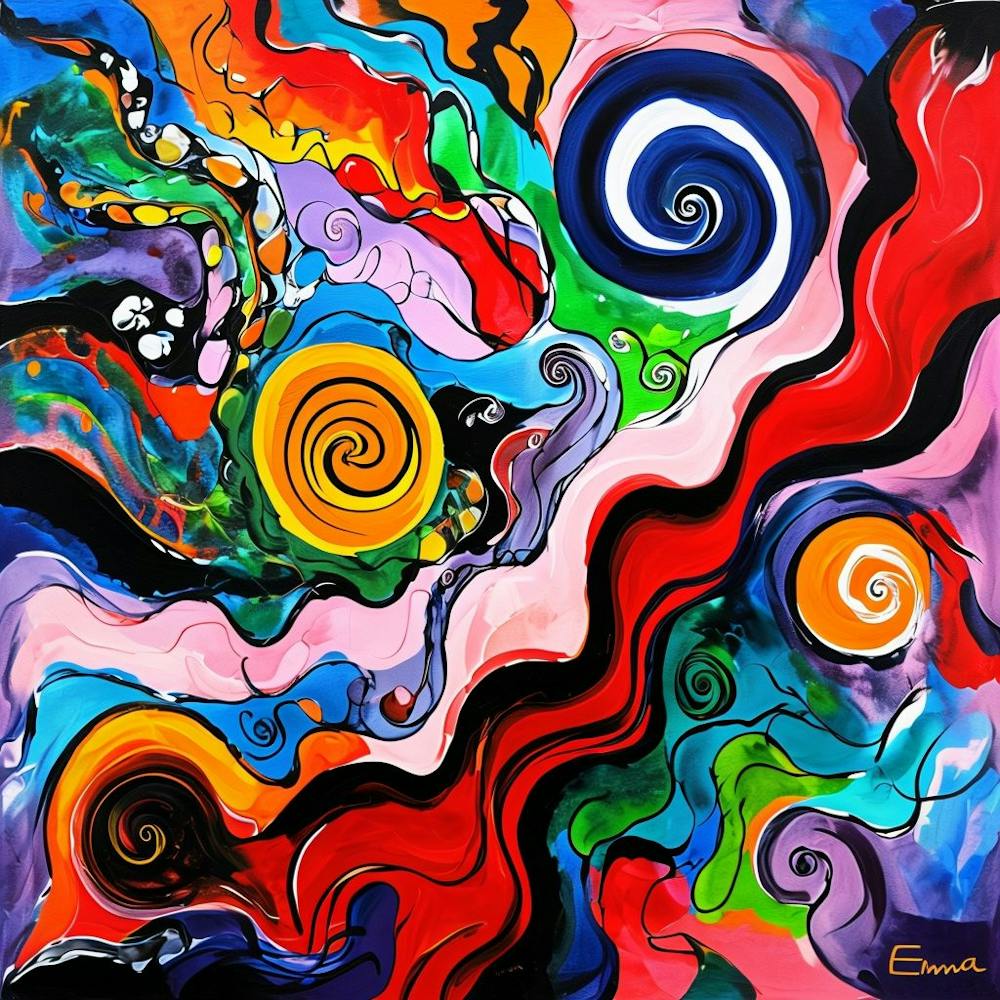 Vibrant Abstract Painting With Swirling Patterns And Bold Colors