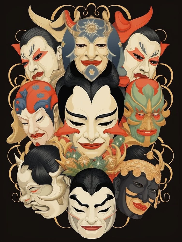 Noh Masks Japanese Style Illustration 9