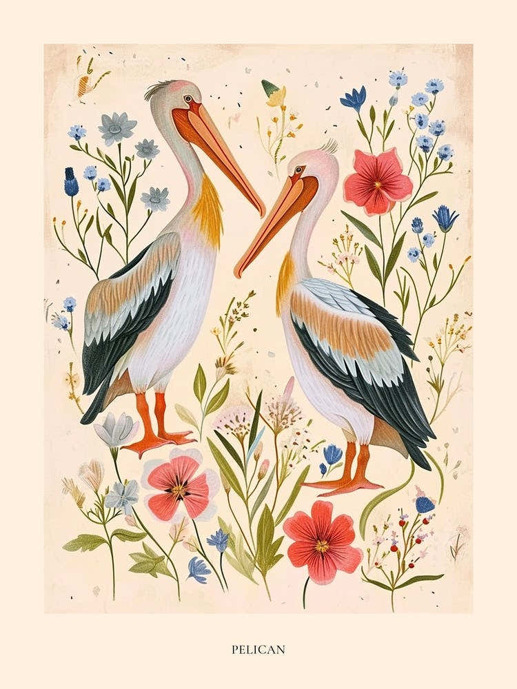 Folksy Floral Animal Drawing Pelican 2 Poster