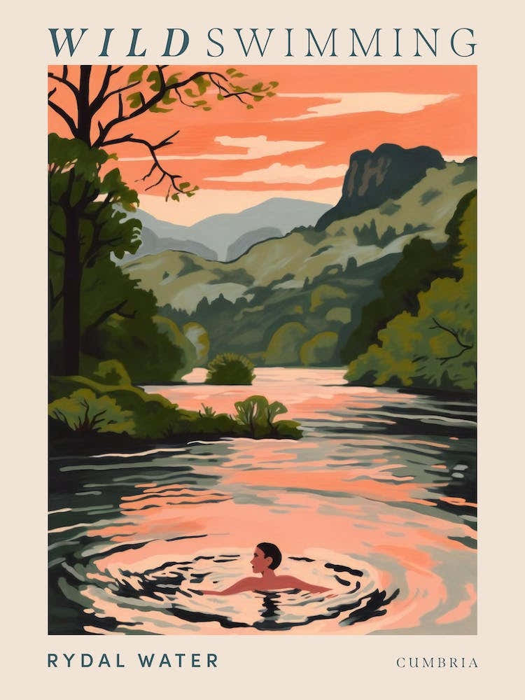 Wild Swimming At Rydal Water Cumbria 1 Poster