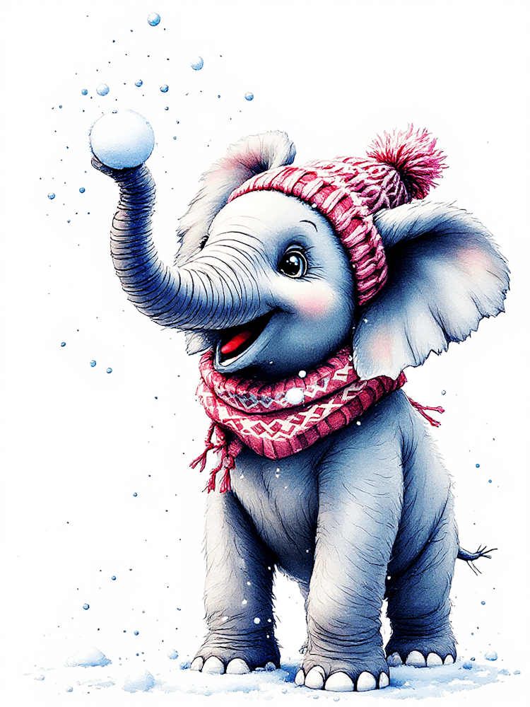 Elephant Throwing Snowballs With A Knitted Beanie