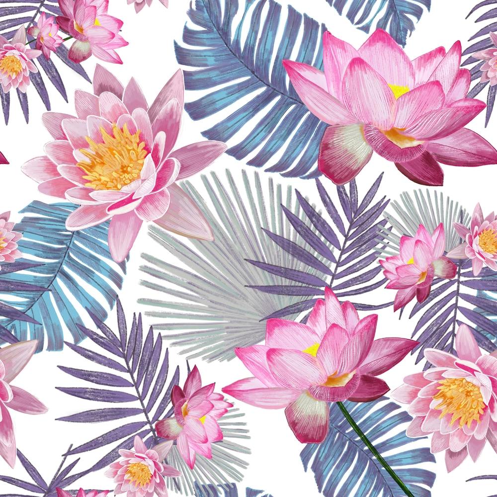 Hand Drawn Pink Lotus Flower And Botanical Leaves Pattern Square