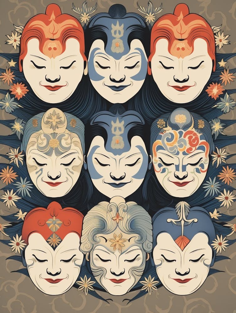 Noh Masks Japanese Style Illustration 21