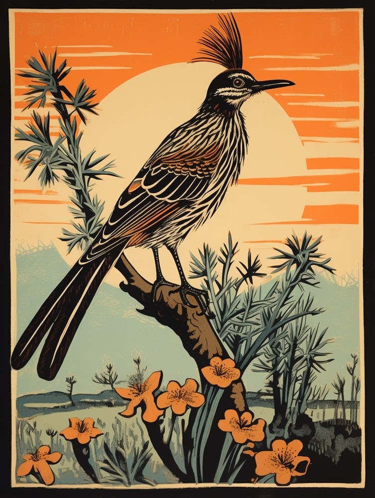 Vintage Bird Linocut Roadrunner 2