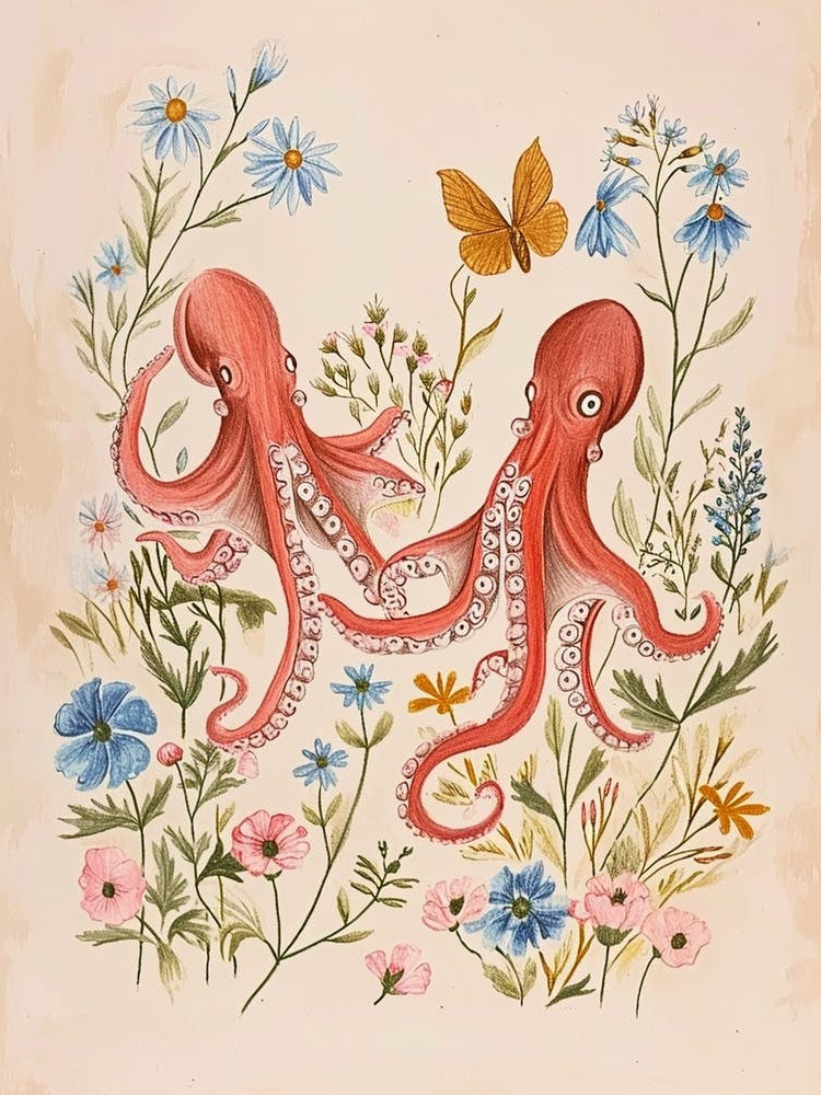 Folksy Floral Animal Drawing Octopus 3