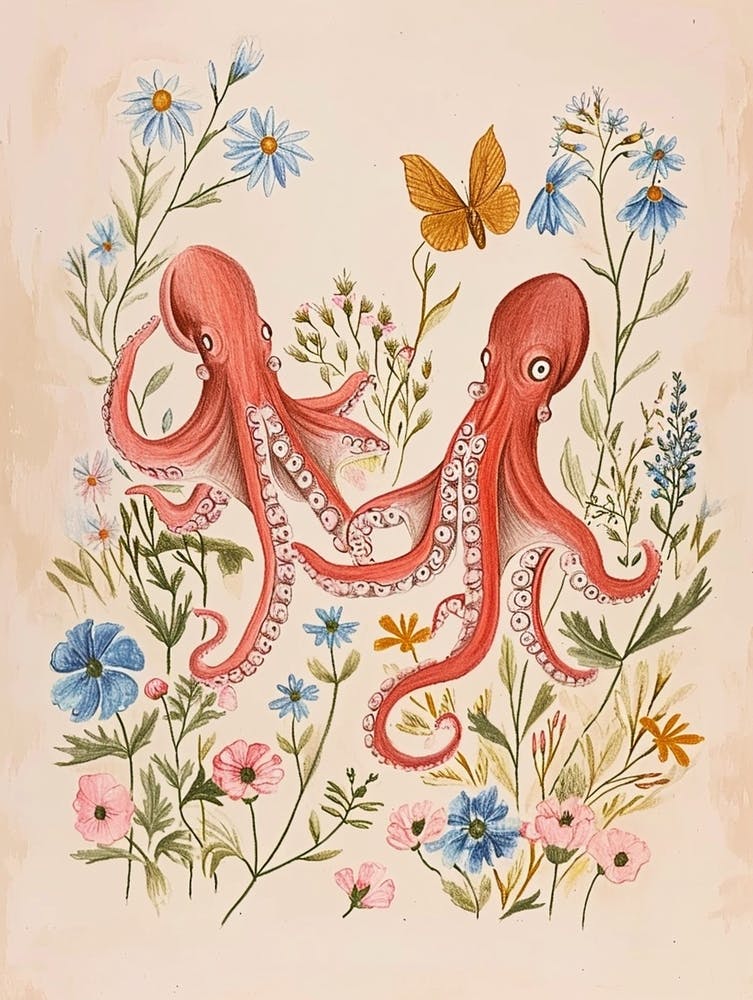 Folksy Floral Animal Drawing Octopus 3