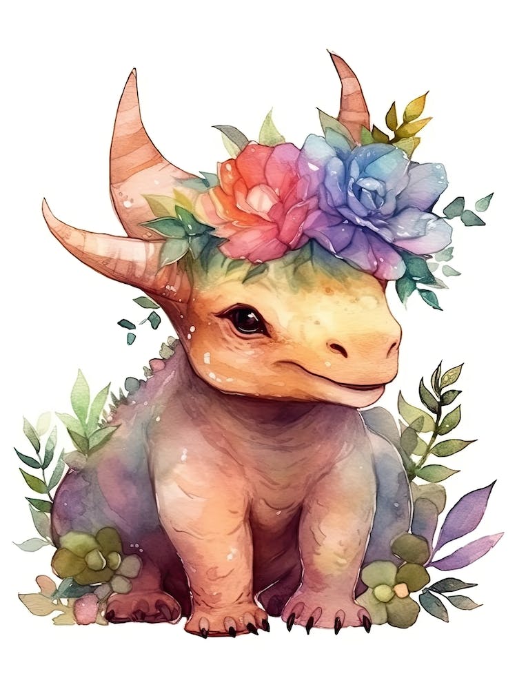 Triceratops With A Crown Of Flowers Cute Dinosaur Watercolour 4