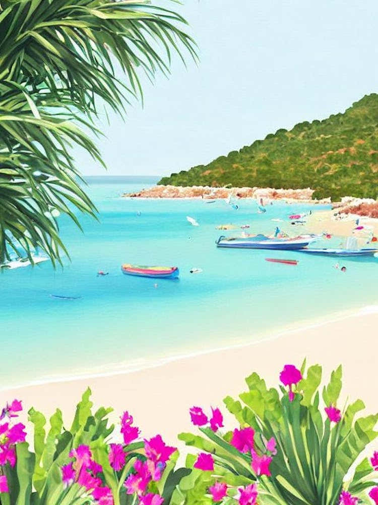 Cala Bassa Beach, Ibiza, Spain Contemporary Illustration 1