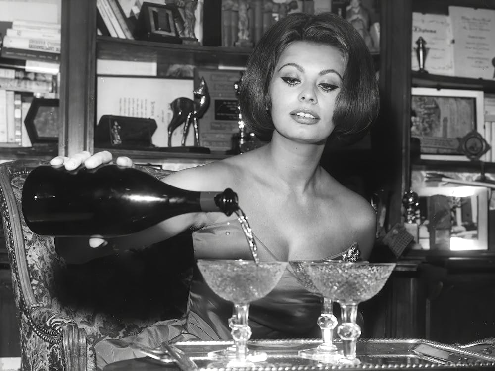 Sophia Pouring Champagne, Vintage Black and White Old Photo, Bar Cart Decor