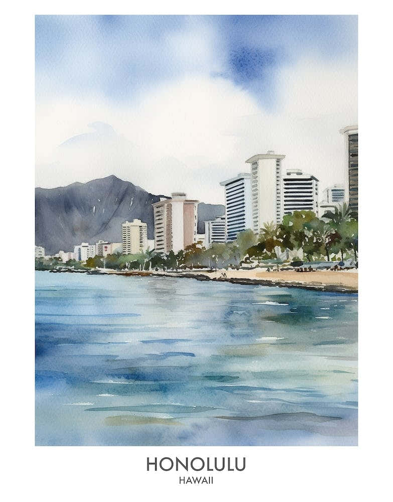 Honolulu 4 Watercolour Travel Poster
