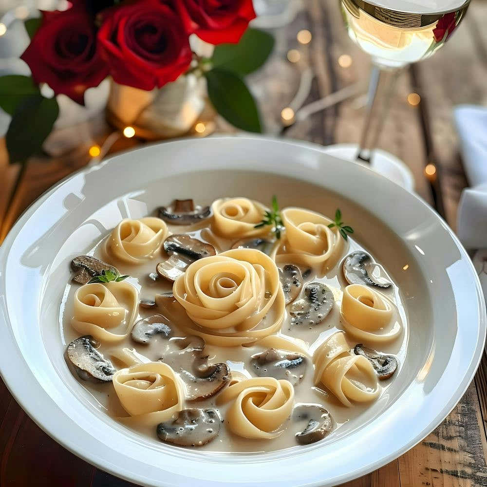 Rose-Shaped Pasta with Creamy Mushroom Sauce