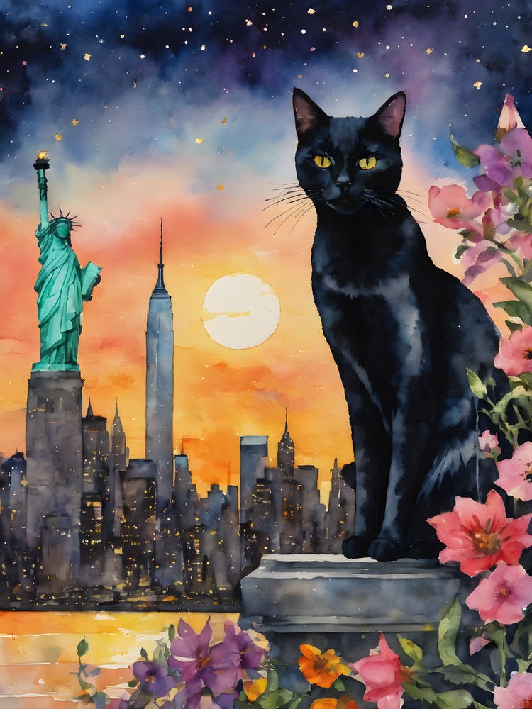 Black Cat In New York City - Visiting The Empire State Building and Statue of Liberty New York City Skyline Iconic Cityscapes Traditional Watercolor Kitty Travels Home and Room Wall Art Cool Decor Klimt and Matisse Inspired Modern Awesome Cool Unique Pagan Witchy Witches Familiar Gift For Cat Lady Animal Lovers World Travelling Genuine Works by British Watercolour Artist Lyra O'Brien