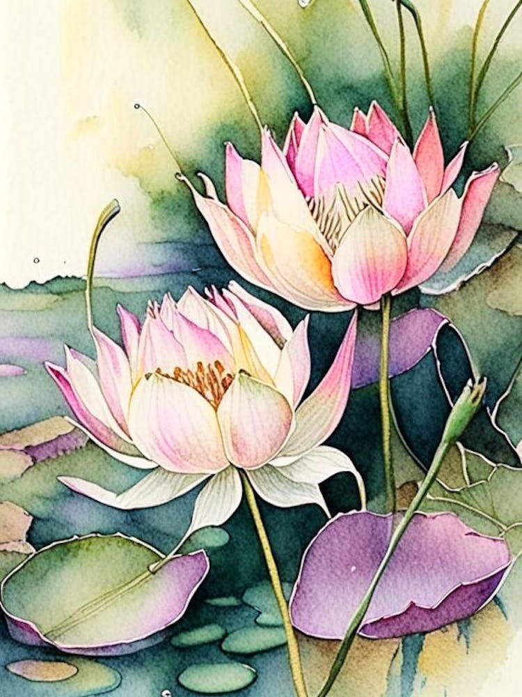 Lotus Flowers In Park Watercolour Ink Pencil 3