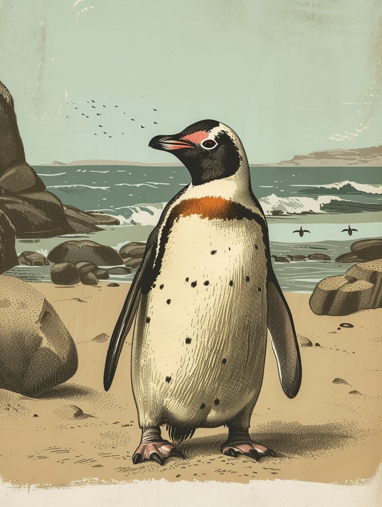 Adlie Penguin Boulders Beach Simons Town Vintage Botanical Painting 2