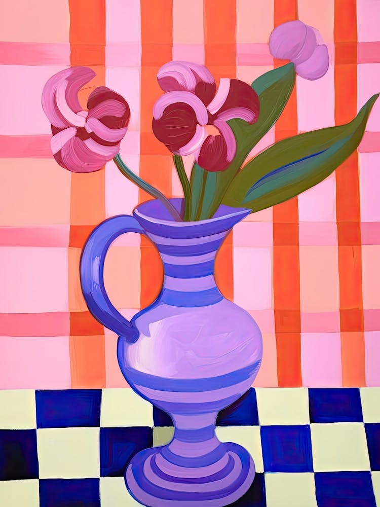 Painting Of A Pink Vase With Purple Flowers, Matisse Style 0