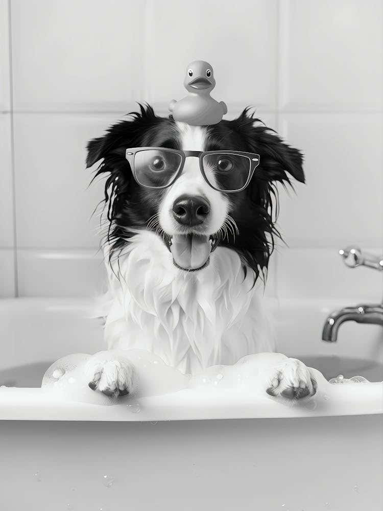 Border Collie Bath Wall Art, Dog And Rubber Duck Bath Tub, Black And White Print, Dog Owner Gift, Funny Dog Poster, Bathroom Wall Decor