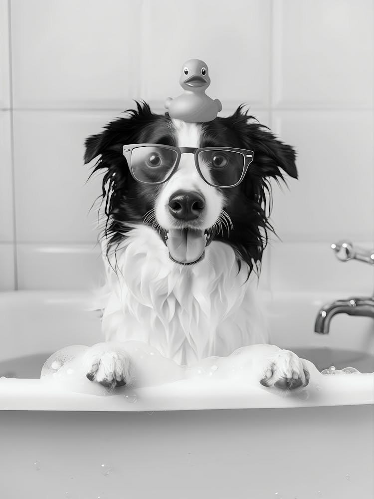 Border Collie Bath Wall Art, Dog And Rubber Duck Bath Tub, Black And White Print, Dog Owner Gift, Funny Dog Poster, Bathroom Wall Decor