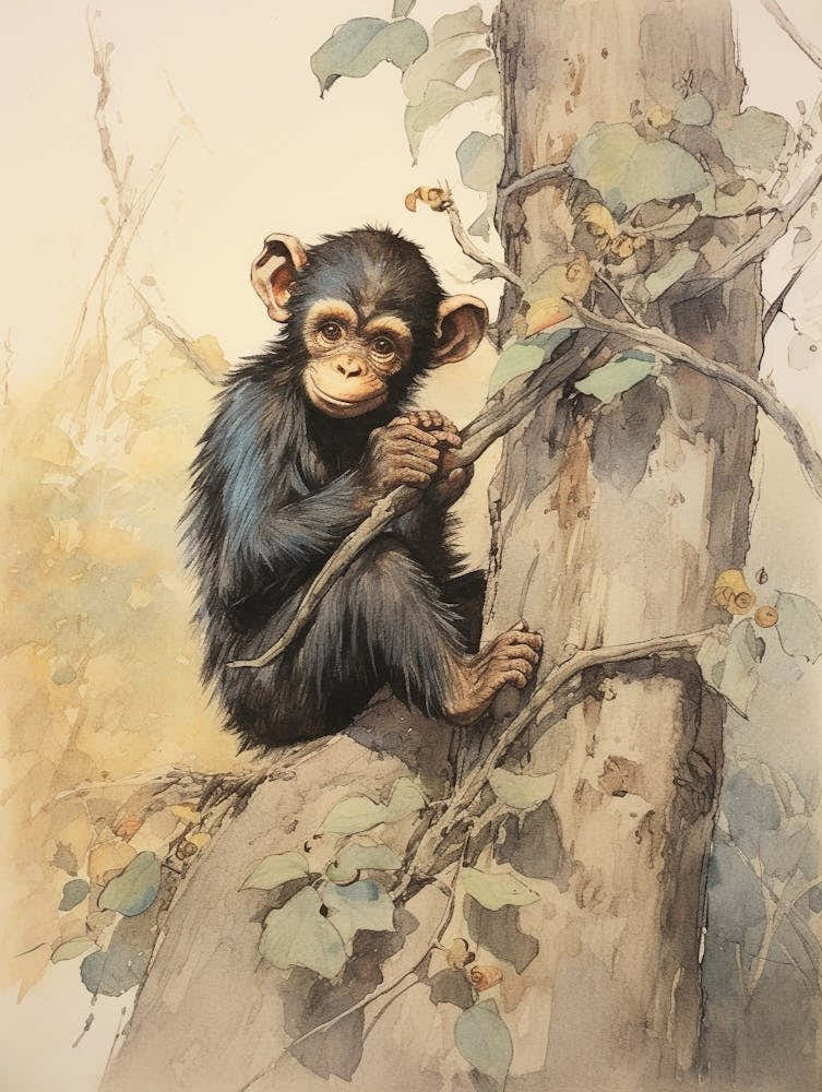 Storybook Animal Watercolour Chimpanzee 1