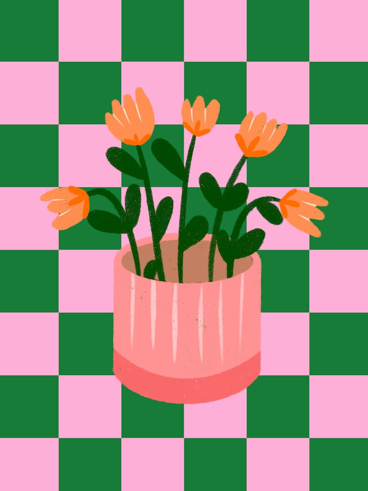 Flower Pot On Checkered Background