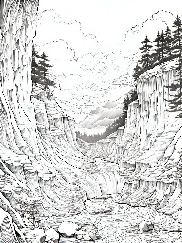 Sounkyo Gorge In Hokkaido, Ukiyo E Black And White Line Art Drawing 2
