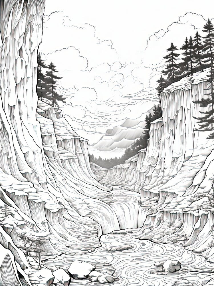Sounkyo Gorge In Hokkaido, Ukiyo E Black And White Line Art Drawing 2
