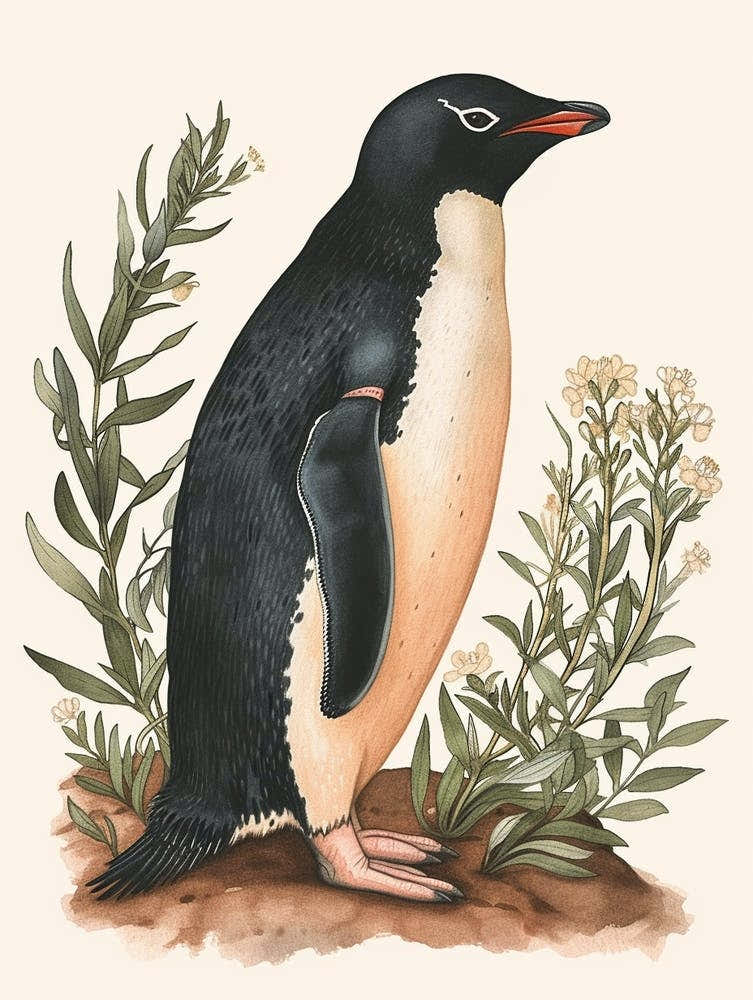 Adlie Penguin Dunedin Taiaroa Head Vintage Botanical Painting 1