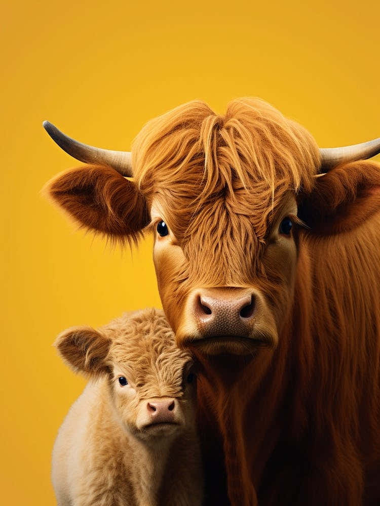 Yellow Photographic Portrait Of Highland Cow And Calf