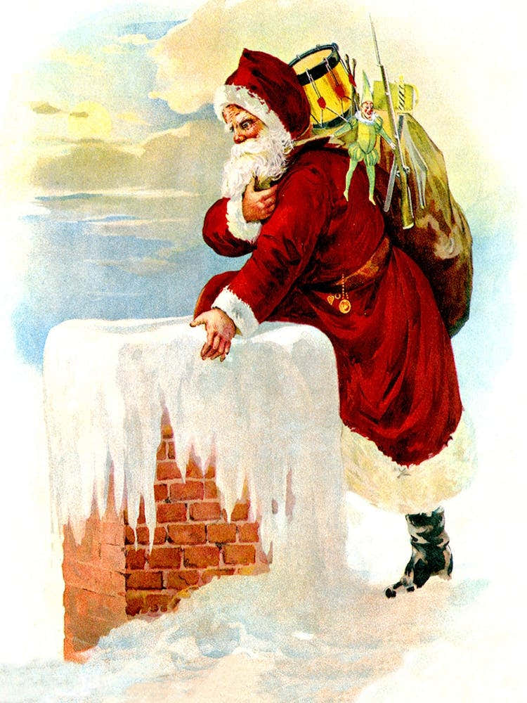 Santa Claus Is Getting Into The Chimney With Bag Full Of Toys