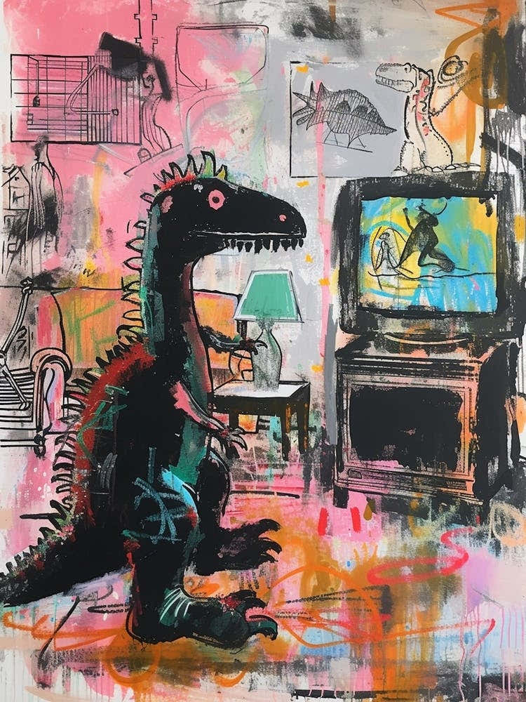 Dinosaur Watching Tv Pink Graffiti Brushstroke 1