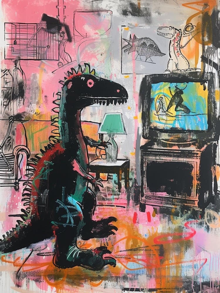 Dinosaur Watching Tv Pink Graffiti Brushstroke 1
