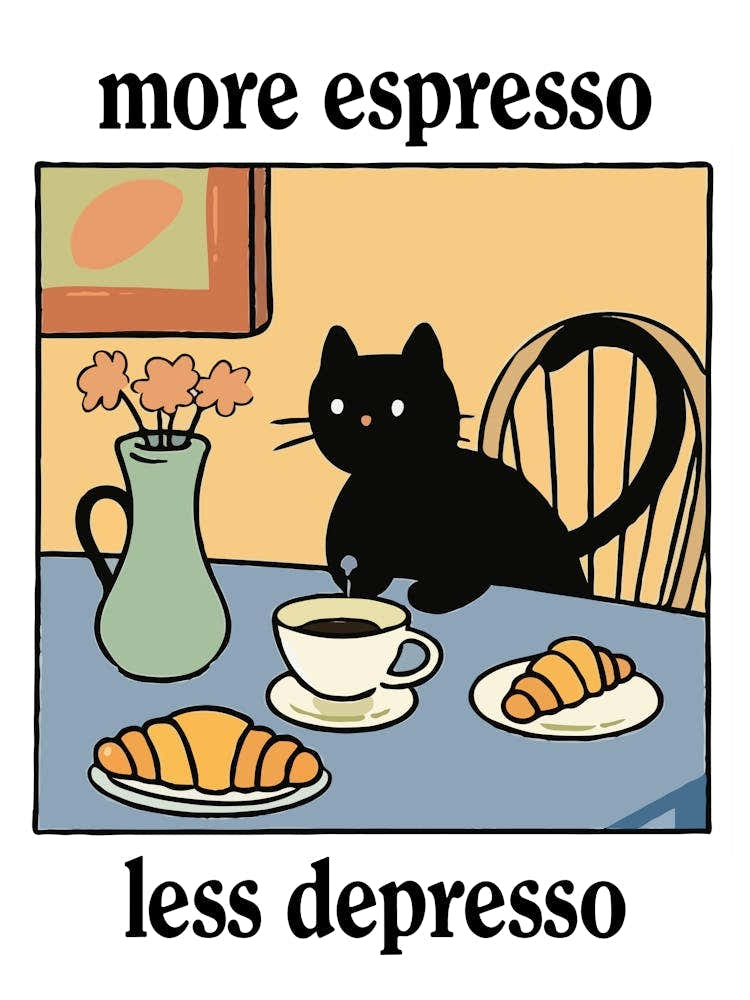 More Espresso Less Depresso Black Cat Print Retro Diner Poster Cartoon Dining Pasta Posters Italian Kitchen