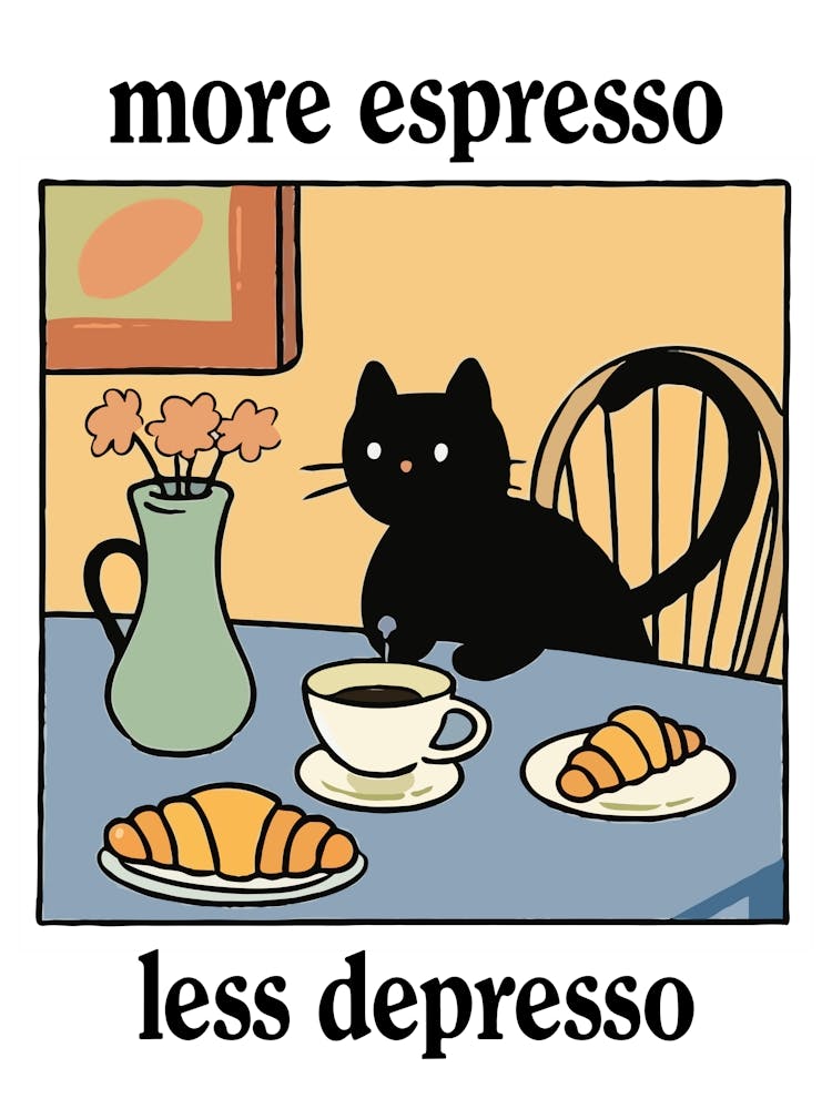 More Espresso Less Depresso Black Cat Print Retro Diner Poster Cartoon Dining Pasta Posters Italian Kitchen