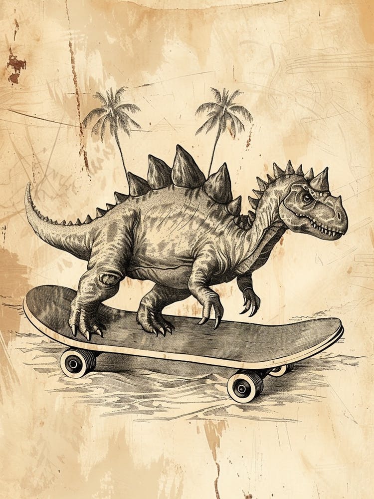 Vintage Stegosaurus Dinosaur On A Skateboard   1