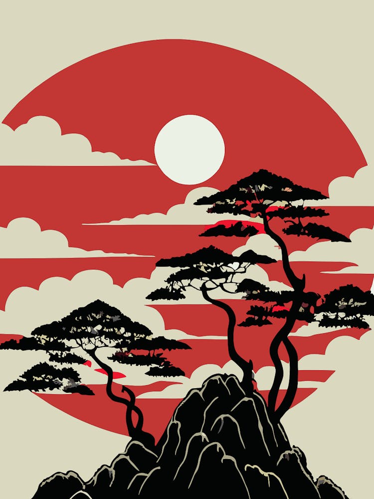 Mountains Sunset Sunrise Tree Japanese Travel Scenery Concept Sakura Bonsai Clouds Nature Landscape 1