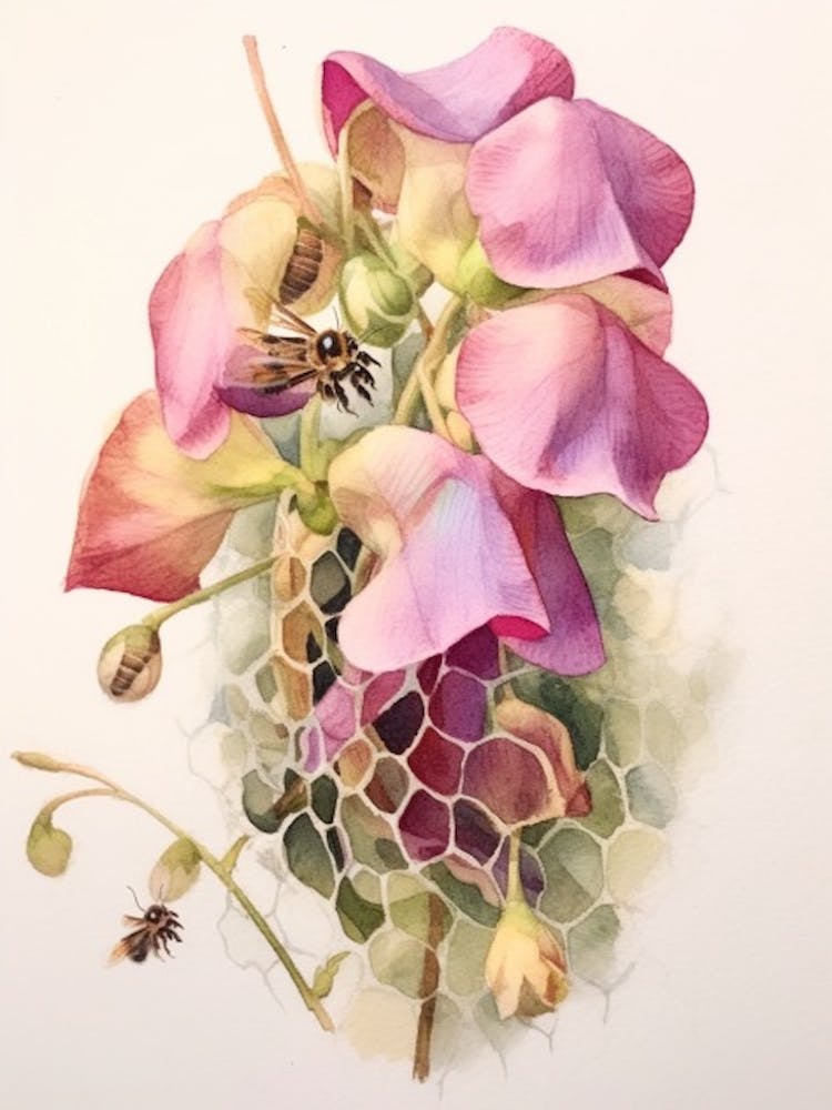 Beehive With Sweet Pea Watercolour Illustration 4