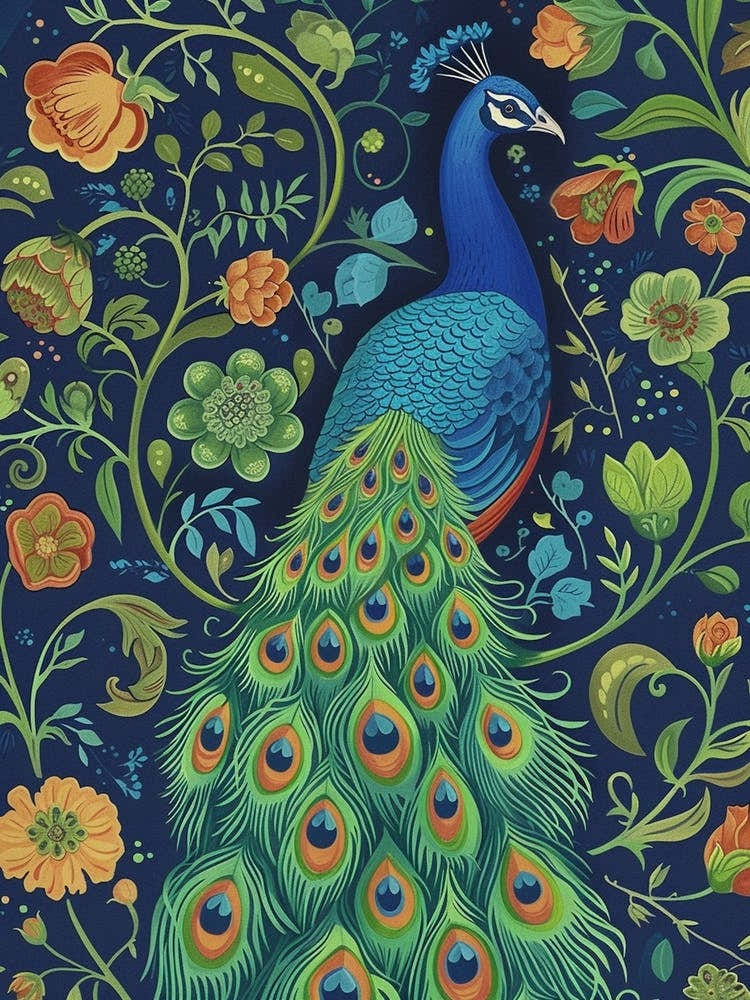 Turquoise Tones Peacock Floral Wallpaper