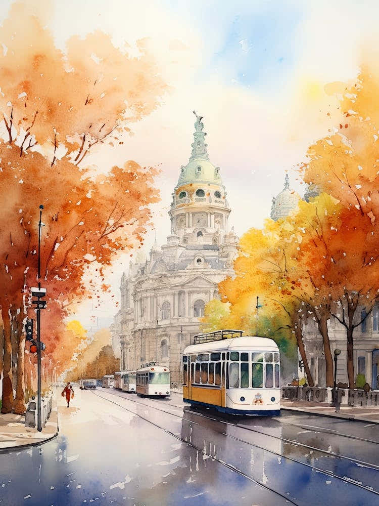 Madrid Spain In Autumn Fall, Watercolour 1