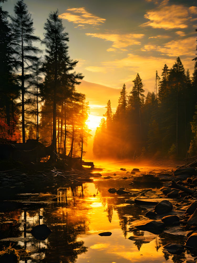 Golden Sunset Forest Print Tranquil River Landscape Wall Art Nature Photography Poster Serene Woodland Home Decor Warm Tones Scenery