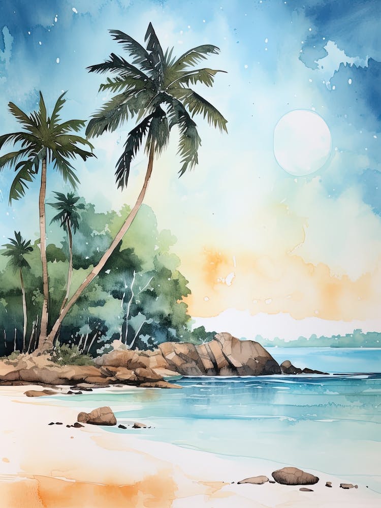 Watercolour Of Anse Cocos   La Digue Seychelles 2
