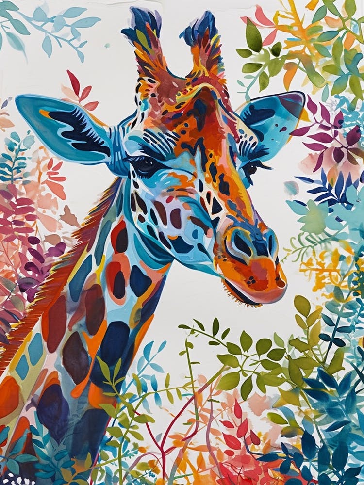 Portrait Of Giraffe With Leaves Watercolour Style