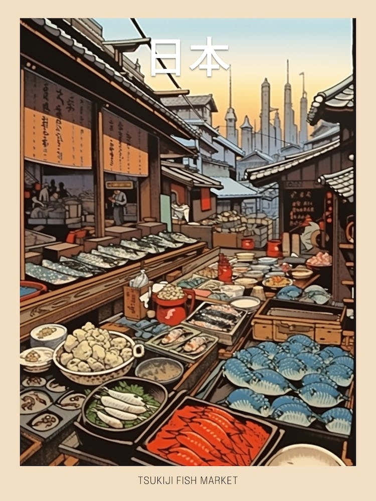Tsukiji Fish Market, Japan Vintage Travel Art 2 Poster