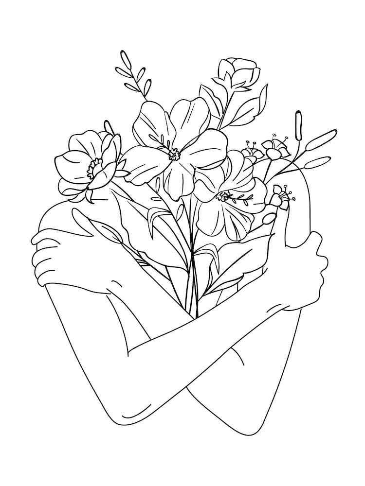 Woman Flowers Line Art