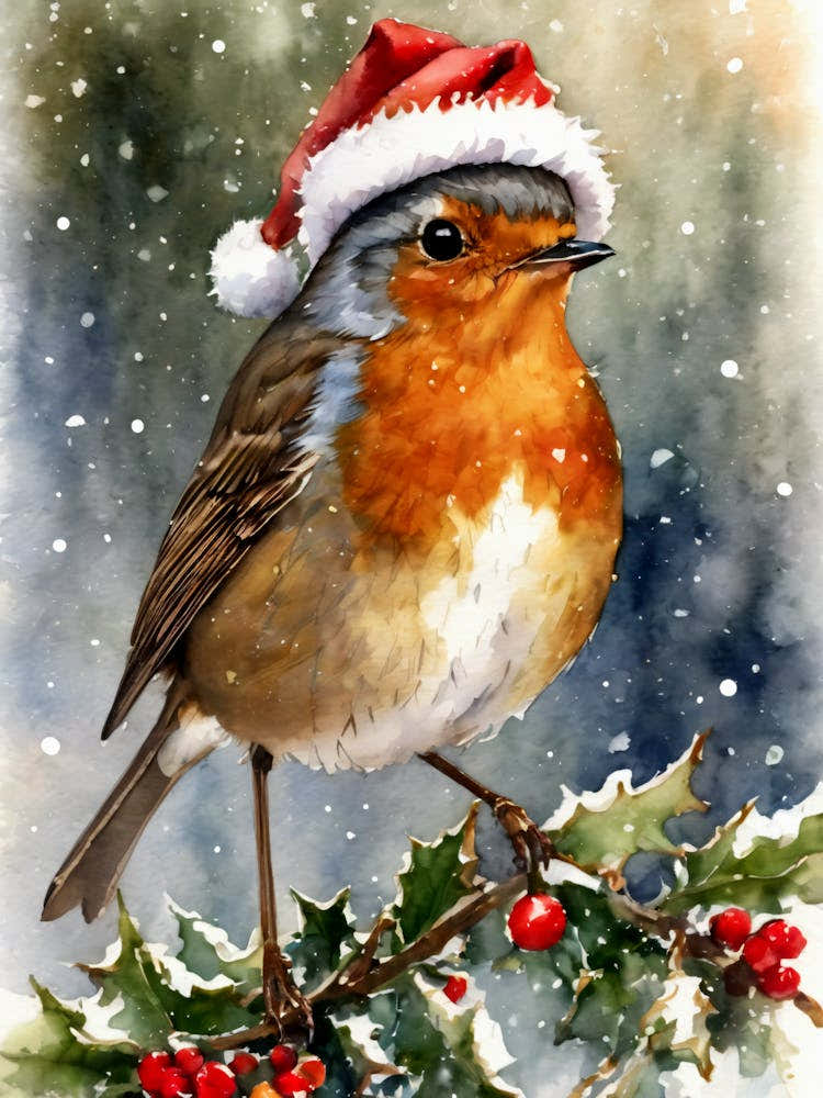 Vintage Christmas Watercolor Robin - Winter Snowing Scene Robin Red Breast Bird in Santa Hat