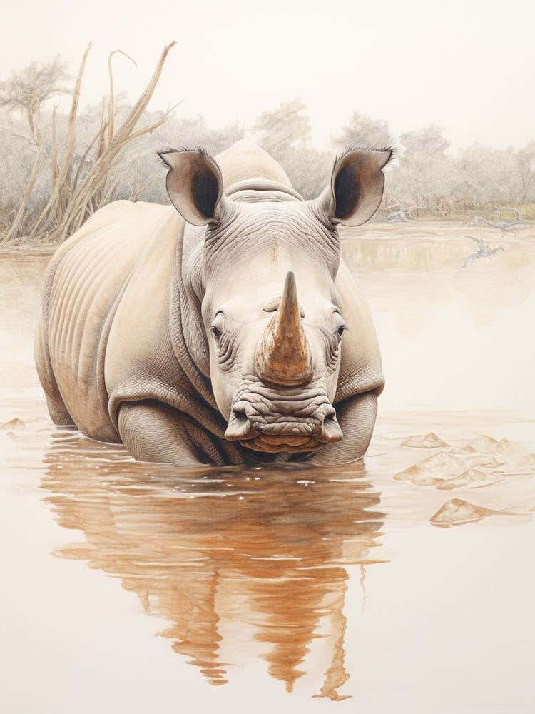 Vintage Illustration Of A Rhino In The Lake  1